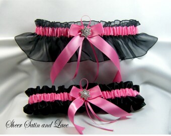 BLACK and HOT PINK Garter set with rhinestone