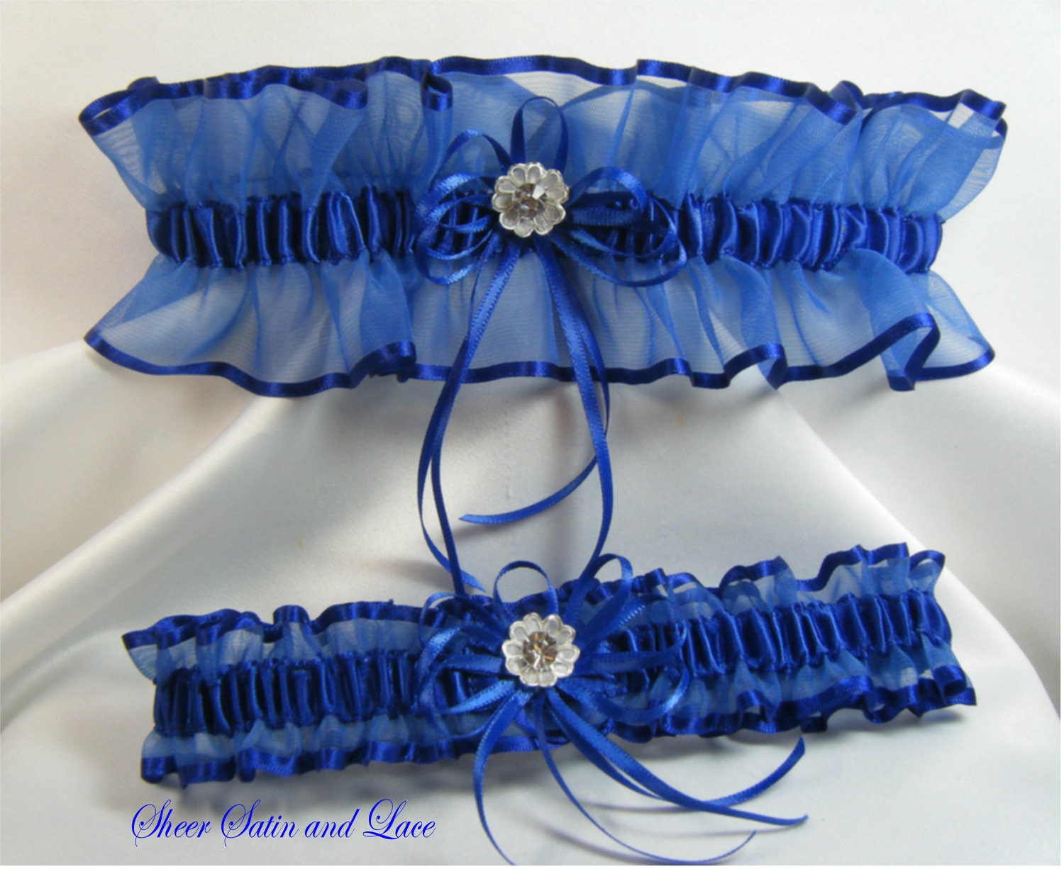 RHINESTONE Flower Wedding garters Royal Blue Garter set