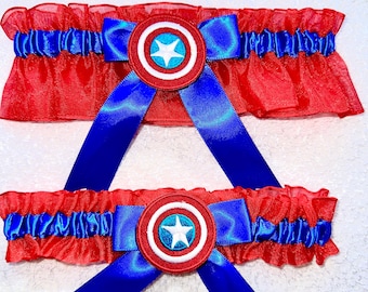 Juego de liga de boda Capitán América rojo y azul real de SUPER HEROS.