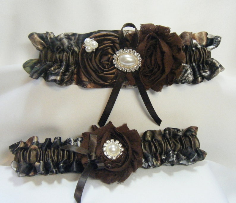 BROWN satin MOSSY OAK wedding garters or prom garter image 1