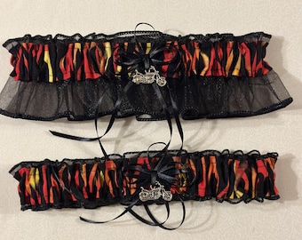 MOTORCYCLE Wedding garters BLACK orange flames Garter set