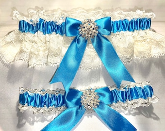 TURQUOISE*** IVORY PEARL Wedding garter set, bridal garters.