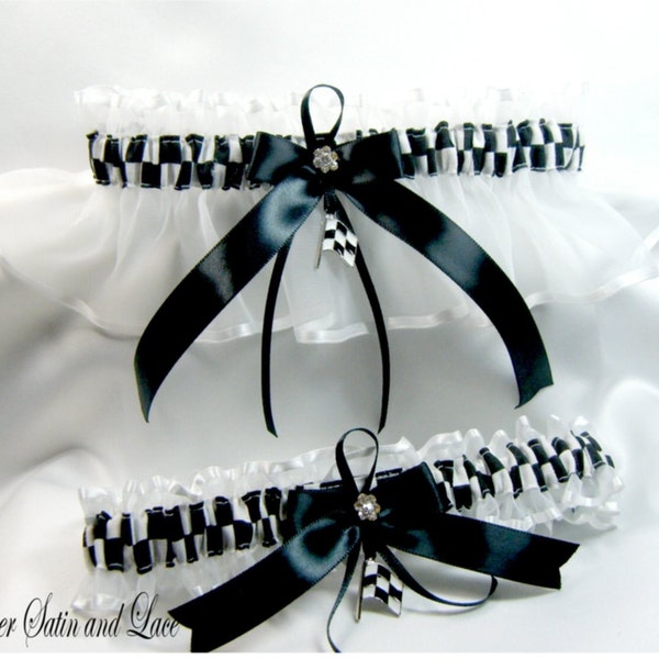 CHECKERED FLAG racing wedding garters white garter