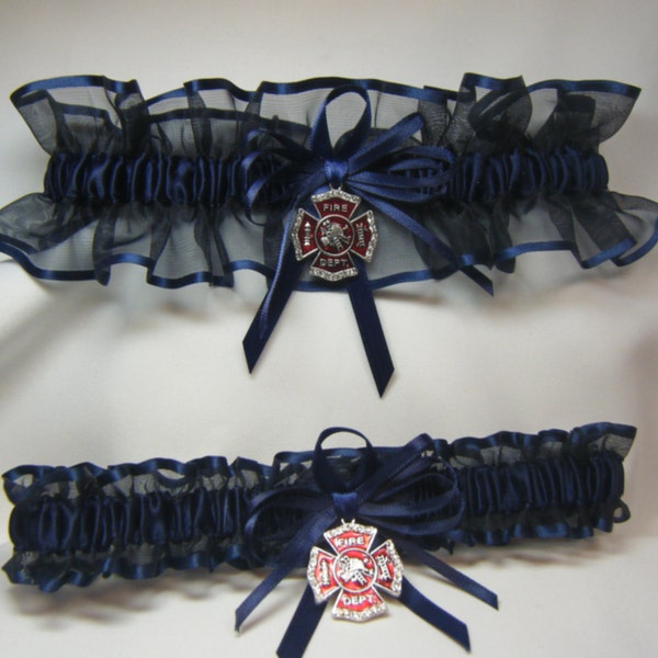 FIREFIGHTER Wedding garters Navy Blue Garter set fireman garter