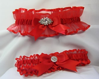 RED wedding garters with big RHINESTONE prom garter