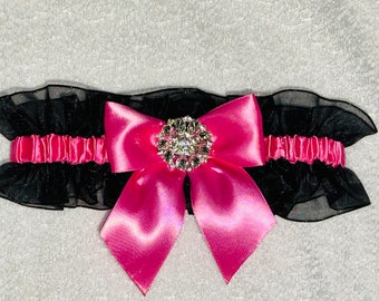 BLACK with HOT PINK prom garter large rhinestone wedding garters