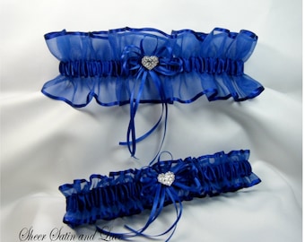 RHINESTONE HEART Wedding garters ROYAL blue Garter set