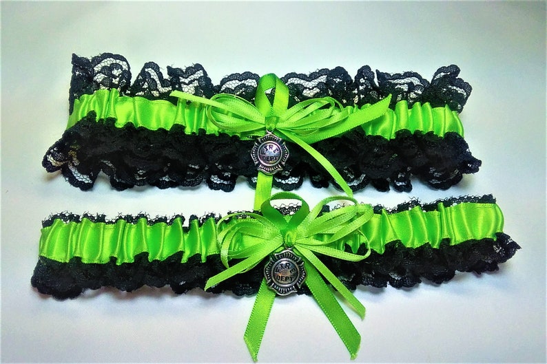 FIREFIGHTER Wedding garters Lime green Garter set fireman garter