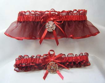 FIREFIGHTER wedding garters ALL RED set fireman garter