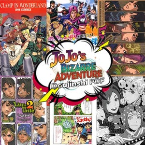 Puede incluir: Una colección de portadas de manga y cómics, incluyendo "JoJo's Bizarre Adventure" y obras relacionadas. Las portadas muestran ilustraciones coloridas de personajes y escenas, con texto en inglés y japonés.