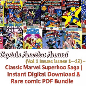 May include: A collection of vintage Captain America comic book covers. The covers feature Captain America in action, with vibrant colors and classic comic book art. Text includes "Captain America Annual" and "Classic Marvel Superhoo Saga".