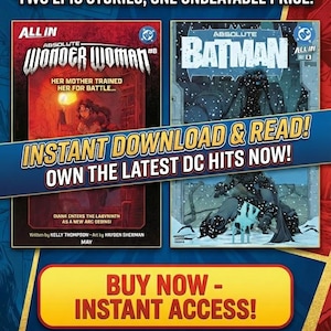 Puede incluir: Imagen promocional para una venta de libros electrónicos de DC Comics por tiempo limitado. La imagen presenta dos portadas de cómics: "Absolute Wonder Woman" y "Absolute Batman". El texto incluye "¡Descarga y lee al instante!" y "¡Compra ahora - Acceso instantáneo!"