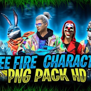 以下が含まれることがあります： Free FireキャラクターPNGパックのプロモーション画像。ピエロ、ウサギ、サングラスをかけたキャラクターなど、ユニークなデザインの5人のスタイリッシュなキャラクターが特徴です。「FREE FIRE CHARACTER PNG PACK HD」のテキストが大きく表示されています。
