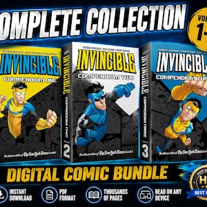 May include: A digital comic bundle featuring the Invincible Compendium One, Two, and Three. The collection includes volumes 1-3, showcasing the superhero character in yellow and blue attire on each cover. The text reads Complete Collection, Digital Comic Bundle, and High Quality HD Best Value.