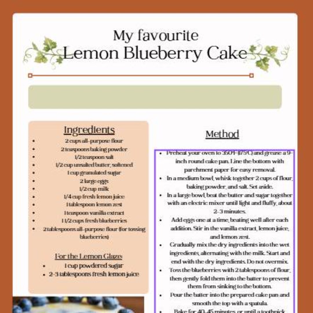 Cake Recipe Format Lemon Blueberry Cake Recipe Template (PDF + MS Word) - Etsy