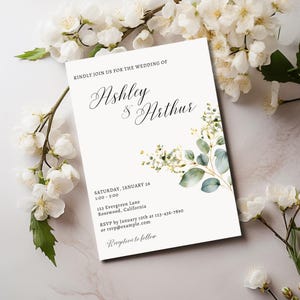 Gold Green Floral Wedding Invitation Template | Editable Canva Design | Instant Download