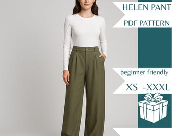 Calça Helen – Molde de Costura em PDF para Calça de Pernas Largas | Molde para Calça de Cintura Alta | Molde de Costura Digital Feminino | PDF Fácil de Imprimir