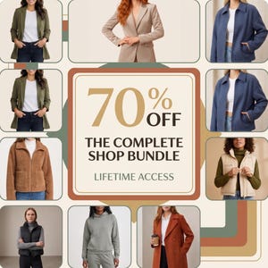 Könnte beinhalten: Eine Werbegrafik mit verschiedenen Kleidungsstücken wie Blazern, Jacken, Westen und Kapuzenpullovern. Der zentrale Text lautet 70% OFF THE COMPLETE SHOP BUNDLE LIFETIME ACCESS. Das Layout zeigt mehrere Kleidungsstile in einem Raster.