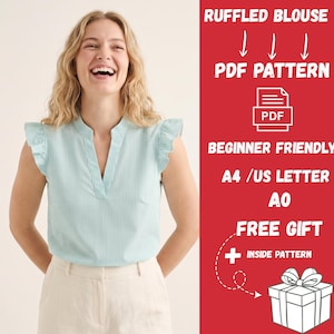 Può includere: Una camicetta senza maniche con motivo a righe verticali verde chiaro e bianco, caratterizzata da scollo a V e maniche con volant. Il pannello laterale rosso riporta il testo: RUFFLED BLOUSE, PDF PATTERN, BEGINNER FRIENDLY, A4 /US LETTER, A0, FREE GIFT.