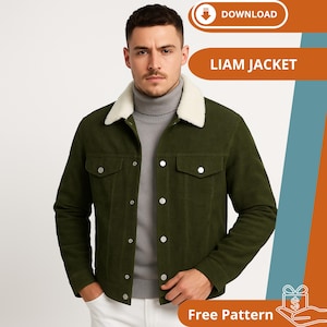 Op de afbeelding: Olijfgroene corduroy jas met een crèmekleurige shearling kraag. De jas heeft twee borstzakken en een knoopsluiting. De tekst "LIAM JACKET" wordt op de afbeelding weergegeven. De jas wordt gedragen over een grijze coltrui.