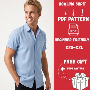 May include: A light blue short-sleeved button-down shirt. The red side panel features white text: BOWLING SHRIT, PDF PATTERN, BEGINNER FRIENDLY, XXS-XXL, FREE GIFT, and INSIDE PATTERN, along with a PDF icon and a line drawing of a gift box.