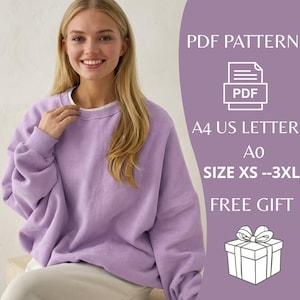 Può includere: Una felpa viola chiaro con una maglietta bianca. L'immagine include il testo "PDF PATTERN", "A4 US LETTER", "SIZE XS --3XL" e "FREE GIFT".