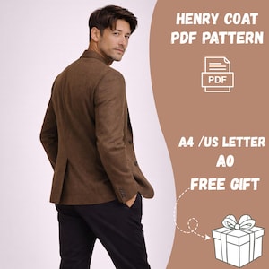 May include: A brown blazer with black pants. The image includes the text "HENRY COAT PDF PATTERN", a PDF icon, and text that reads "A4 / US LETTER AO FREE GIFT". The blazer has a classic design.