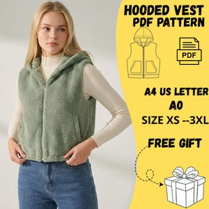Puede incluir: Un chaleco con capucha verde claro con cremallera y dos bolsillos delanteros. El chaleco está hecho de un material suave y texturizado. El texto en la imagen dice "HOODED VEST PDF PATTERN", "A4 US LETTER A0", "SIZE XS --3XL" y "FREE GIFT".