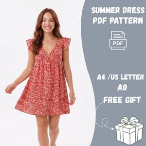 May include: A red summer dress with a floral pattern and a V-neck. The dress has short, ruffled sleeves. Text on the right side reads "SUMMER DRESS PDF PATTERN" and "A4 / US LETTER AO FREE GIFT".