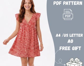 Summer Dress Sewing Pattern | V-Neck Flutter Sleeve A-Line (PDF Download)