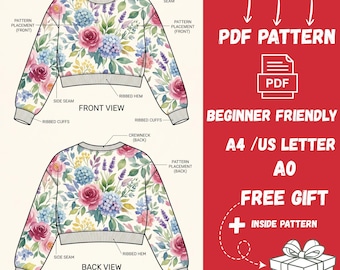 Floral Cropped Sweatshirt Sewing Pattern | Oversized Pullover Top (PDF Download)