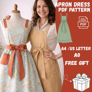 May include: An image featuring two aprons, one on a mannequin and the other worn by a woman. The apron on the left is light blue with a floral pattern and a rust-colored bow. The woman wears a tan apron. Text reads "APRON DRESS PDF PATTERN".