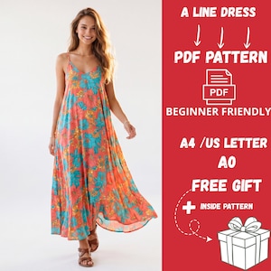May include: A woman wearing a flowing A-line dress with a floral pattern in shades of orange, teal, and yellow. The dress has thin straps and a long, flared skirt. Text on the side indicates a PDF pattern for a beginner-friendly dress, including A4/US Letter and A0 sizes.