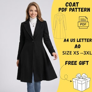 May include: A woman wearing a black coat. The coat has a single button closure and a flared skirt. The image includes text that says "COAT PDF PATTERN", "A4 US LETTER AO", and "SIZE XS - 3XL". There is also a graphic of a gift box.