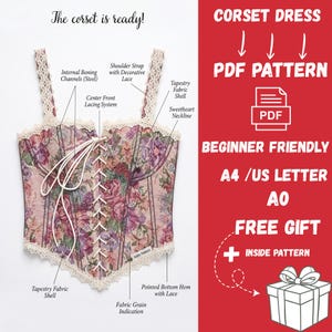May include: A corset dress PDF pattern featuring a floral tapestry fabric shell, sweetheart neckline, and lace-trimmed shoulder straps. The design includes a center front lacing system, internal steel boning channels, and a pointed bottom hem with lace trim.