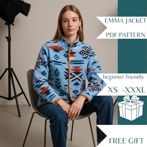 May include: A light blue fleece jacket with a geometric pattern in orange, red, and white. The jacket has a mandarin collar and wooden buttons. The text "EMMA JACKET PDF PATTERN" is visible, along with "beginner friendly" and sizes XS-XXXL.