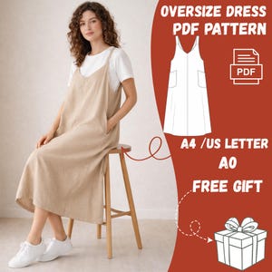 Może przedstawiać: Kobieta w beżowej lnianej sukience z szelkami na białym t-shircie, siedząca na drewnianym stołku. Obraz zawiera rysunek sukienki, tekst "OVERSIZE DRESS PDF PATTERN" i grafikę pudełka z prezentem.