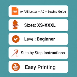 May include: A teal graphic with white rectangular blocks containing text and icons. The text includes "A4/US Letter + A0 + Sewing Guide", "Sizes: XS-XXXL", "Level: Beginner", "Step by Step Instructions", and "Easy Printing".