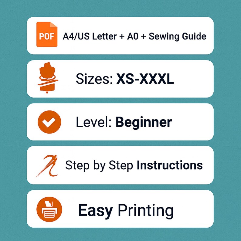 May include: A teal graphic with white rectangular blocks containing text and icons. The text includes "A4/US Letter + A0 + Sewing Guide", "Sizes: XS-XXXL", "Level: Beginner", "Step by Step Instructions", and "Easy Printing".