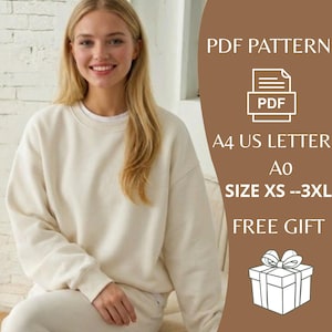 May include: A woman wearing a cream-colored sweatshirt and matching pants. The image includes text that reads "PDF PATTERN", "A4 US LETTER", "SIZE XS --3XL", and "FREE GIFT". A PDF icon and a gift box icon are also visible.