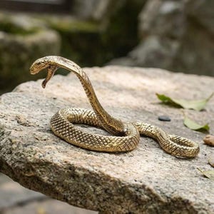 May include: A brass-coloured metal snake figurine in a coiled position with its head raised and mouth slightly open. The surface of the snake features a detailed, textured scale pattern across its entire body, reflecting light with a metallic sheen.