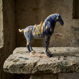Puede incluir: Una figura de caballo de cerámica con un esmalte azul profundo brillante y acentos moteados en amarillo y verde. El caballo se muestra en posición de pie con una silla de montar en el lomo, montado sobre una base rectangular de acabado liso.