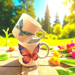 May include: Two white ceramic mugs stacked on a wooden surface, each adorned with a vibrant butterfly design. The top mug features a blue and teal butterfly, while the bottom mug showcases a colorful butterfly with purple, orange, and pink hues. The background is a sunny outdoor scene.