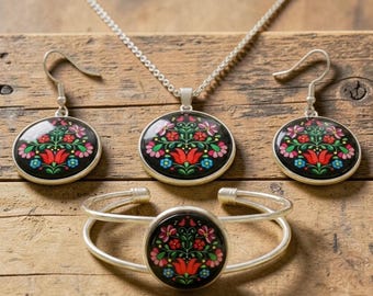Matyó Folk Art Jewelry Set, Floral Cabochon Necklace, Earrings & Bracelet