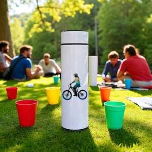 Puede incluir: Botella de agua aislada blanca con tapa negra y un gráfico de ciclista de montaña. La botella cilíndrica está sobre hierba, rodeada de vasos de colores y personas. Mide unos 25 cm de alto.