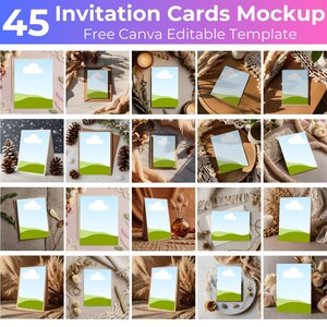 May include: 45 invitation card mockups featuring a variety of backgrounds and styles. The cards are blank and ready for customization. Free Canva Editable Template.