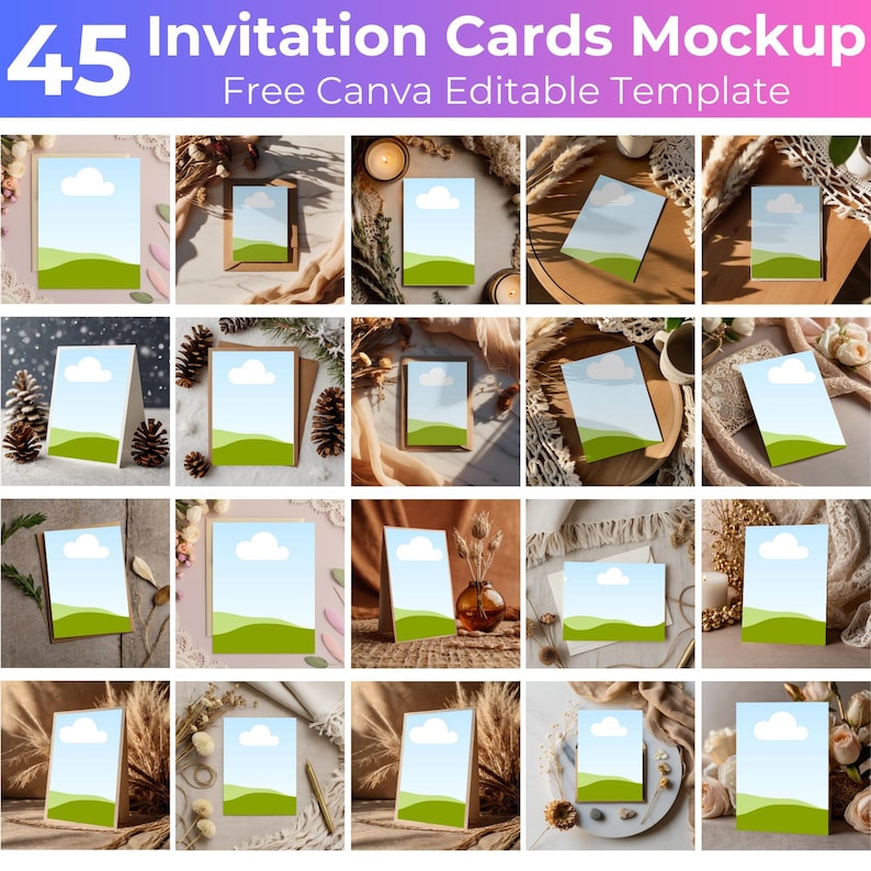 May include: 45 invitation card mockups featuring a variety of backgrounds and styles. The cards are blank and ready for customization. Free Canva Editable Template.