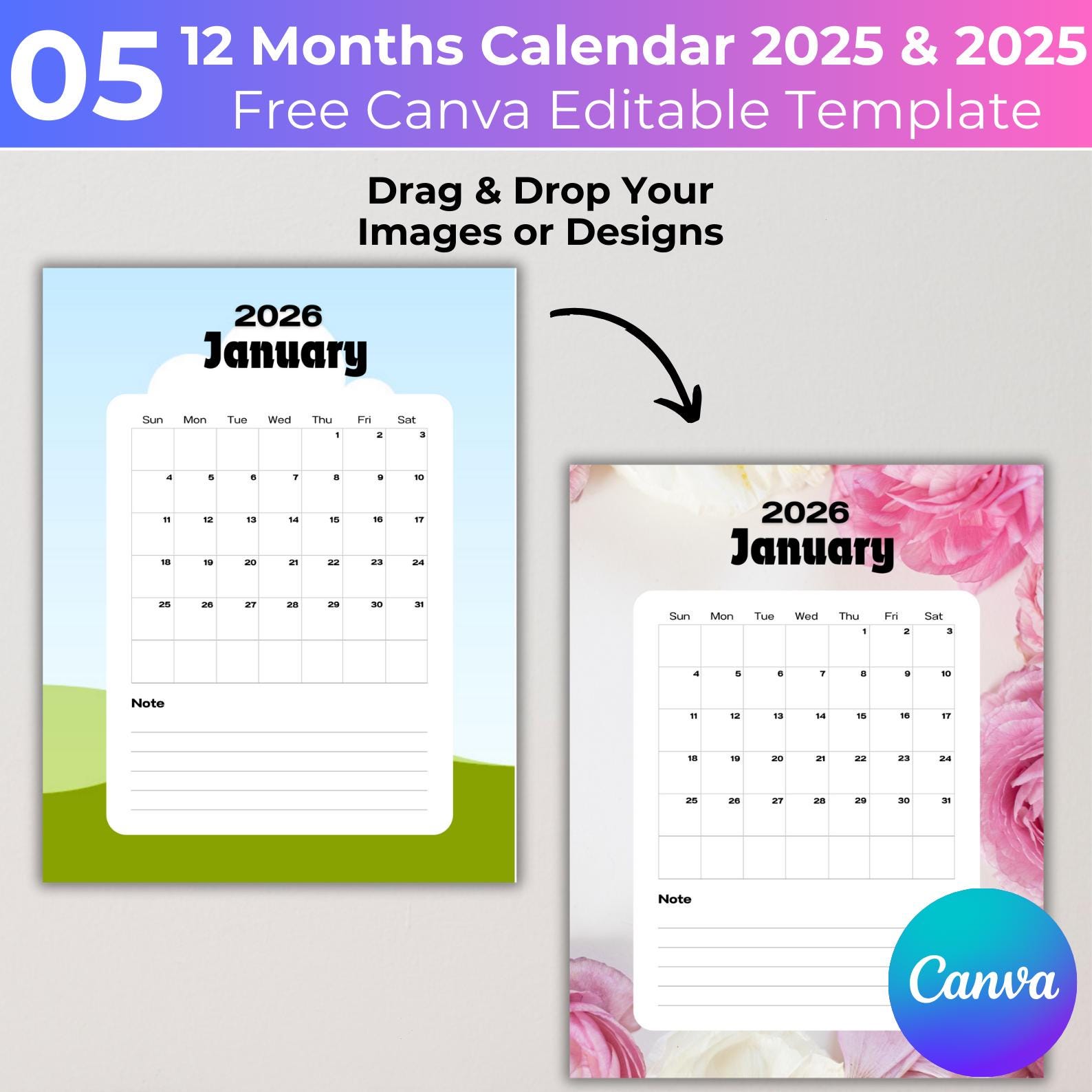 2025 & 2026 Calendar Canva Editable Templates, 5 Set Bundle, Custom ...