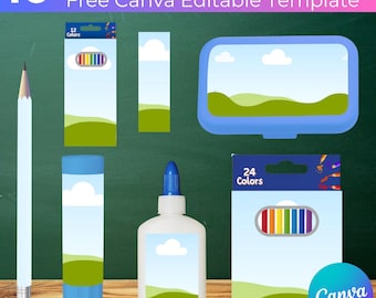 Composition Book and  Pencil Box Canva Mockup Template, School Supply Back to School Frame, Color pencils Glue Pack, Personalized Printable