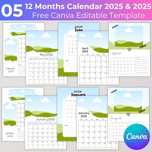 May include: A printable calendar template for the years 2025 and 2026. Each month is displayed on a separate page with a green and blue landscape design. The template is free and editable using Canva.